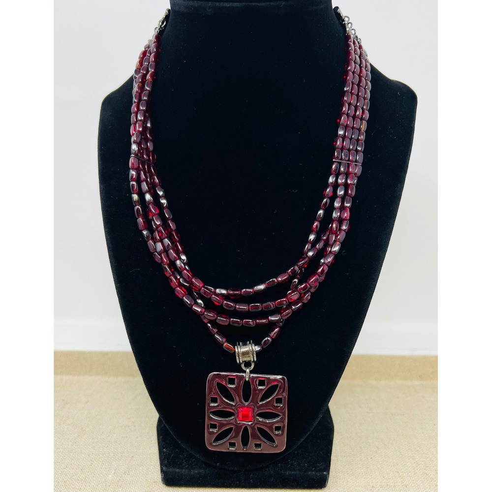 Babylone Paris Red Multi Strand Beaded Statement Necklace Square Floral Pendant